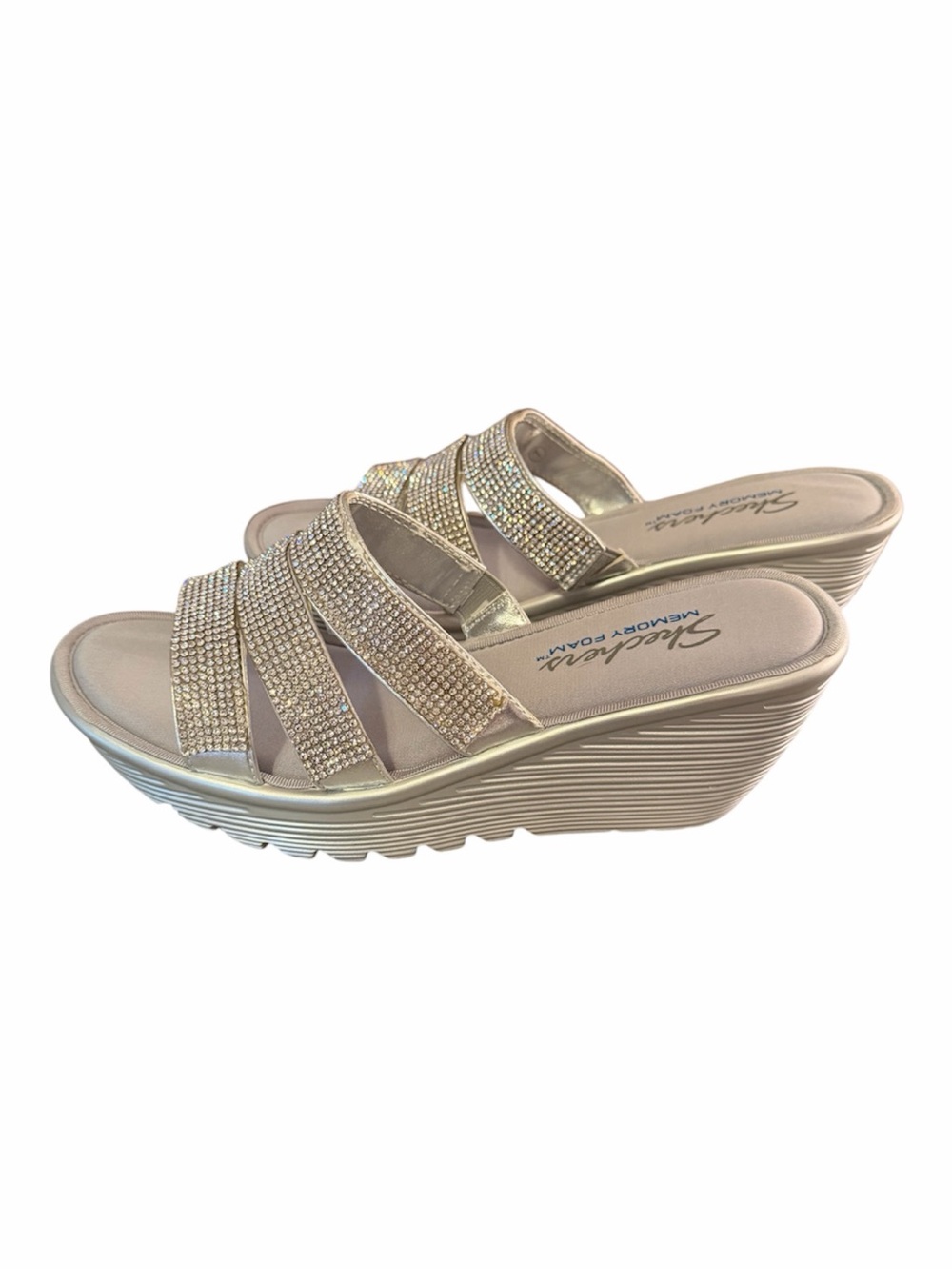 Skechers Memory Foam Rhinestone Wedge Slide Sandals Silver NWOT Size 7